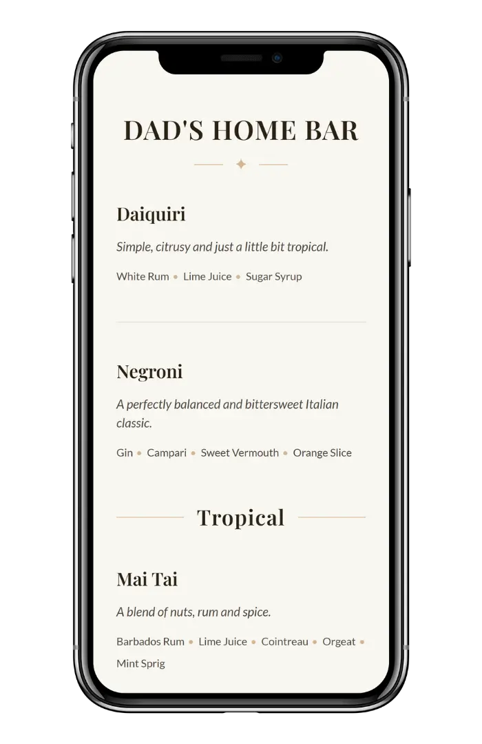 Mobile phone displaying a digital cocktail bar menu - MyBarMenu app preview